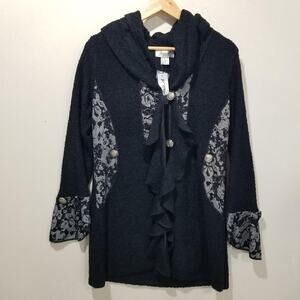 Aris A USA Sweater Large Black Ruffle Lace Button Cardigan NWT Hooded Artsy